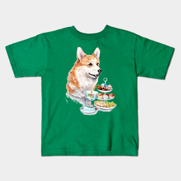 Corgi Having High Tea Kids T-Shirt by Goosi